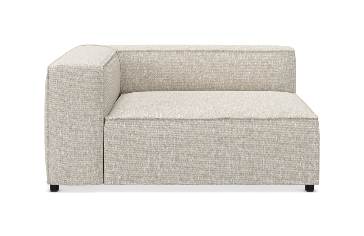 Beige hjørnemodul til sofa med venstre armlæn, frontvisning.