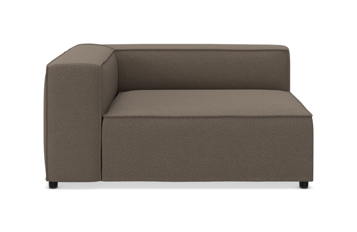 Brun sofa-modul med venstre armlæn, frontvisning på hvid baggrund.
