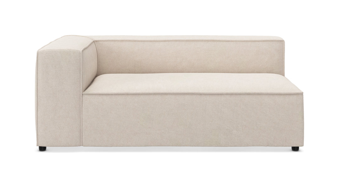 Beige modulsofa hjørnemodul med venstre armlæn i enkel, boxet design.