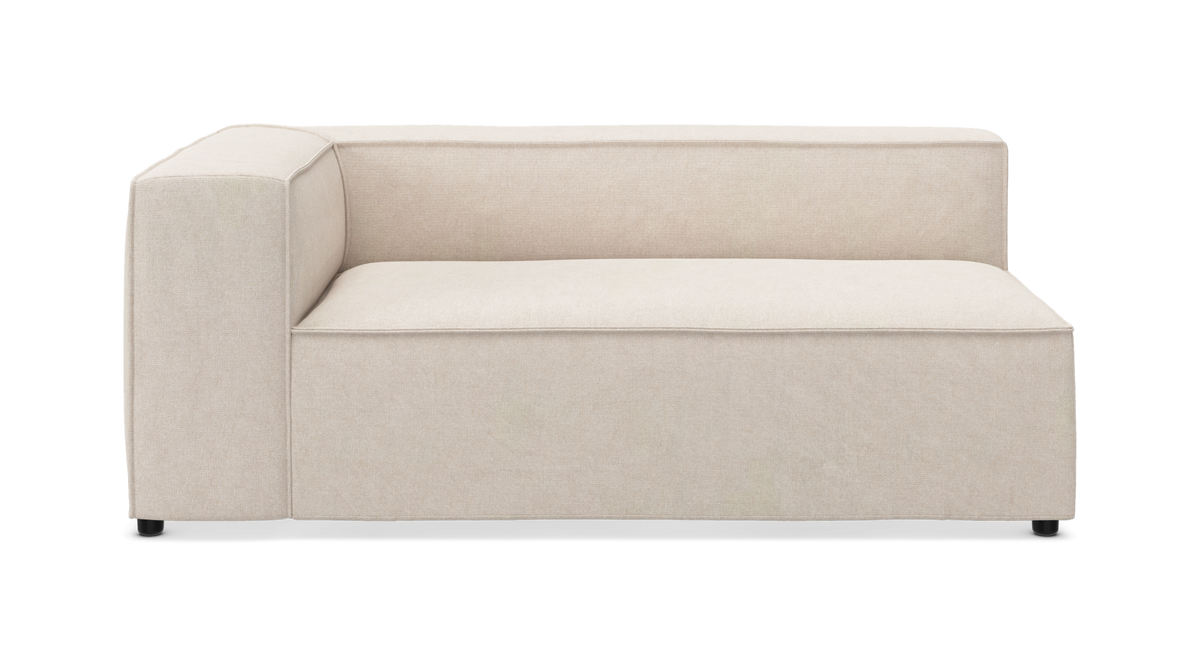 Beige modulsofa hjørnemodul med venstre armlæn i enkel, boxet design.