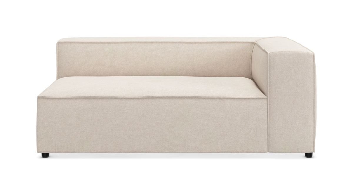 Beige højremodul til sofa med boxet design og lave sorte fødder.