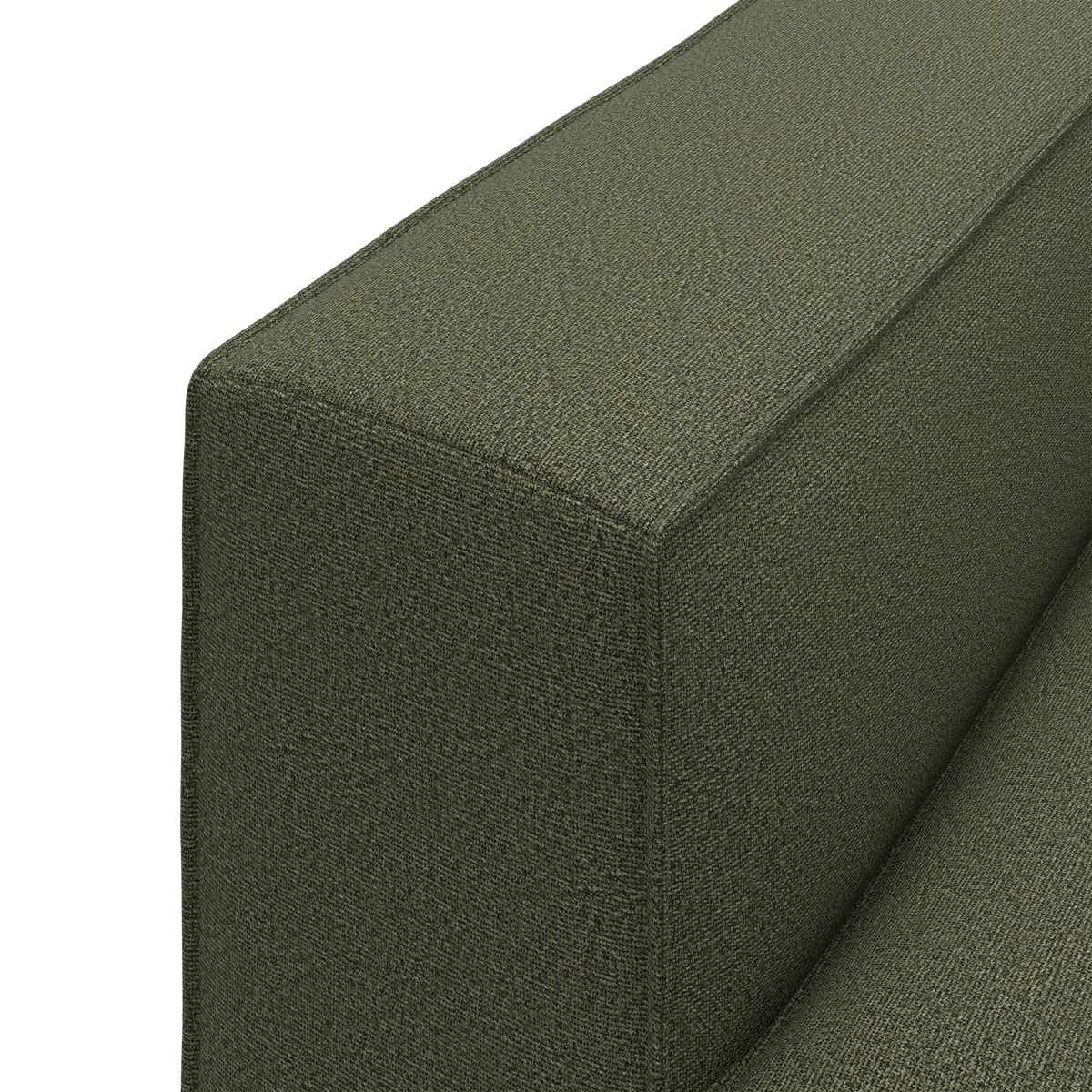 Nærbillede af grøn tekstilbetrukket sofa-arm med boxet, lige form.