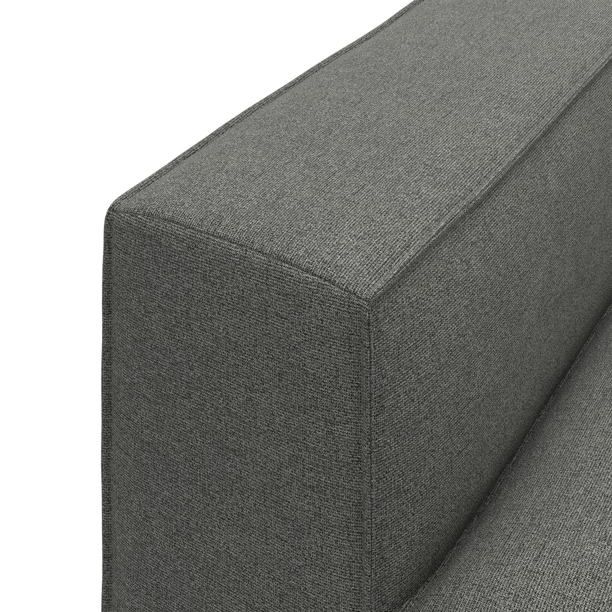 Nærbillede af gråt sofa-armlæn i tekstil med ren, rektangulær form.