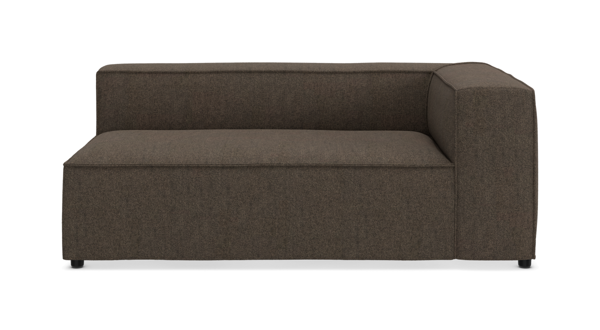 Højre hjørnemodul i brun stofsofa, frilagt forfra.