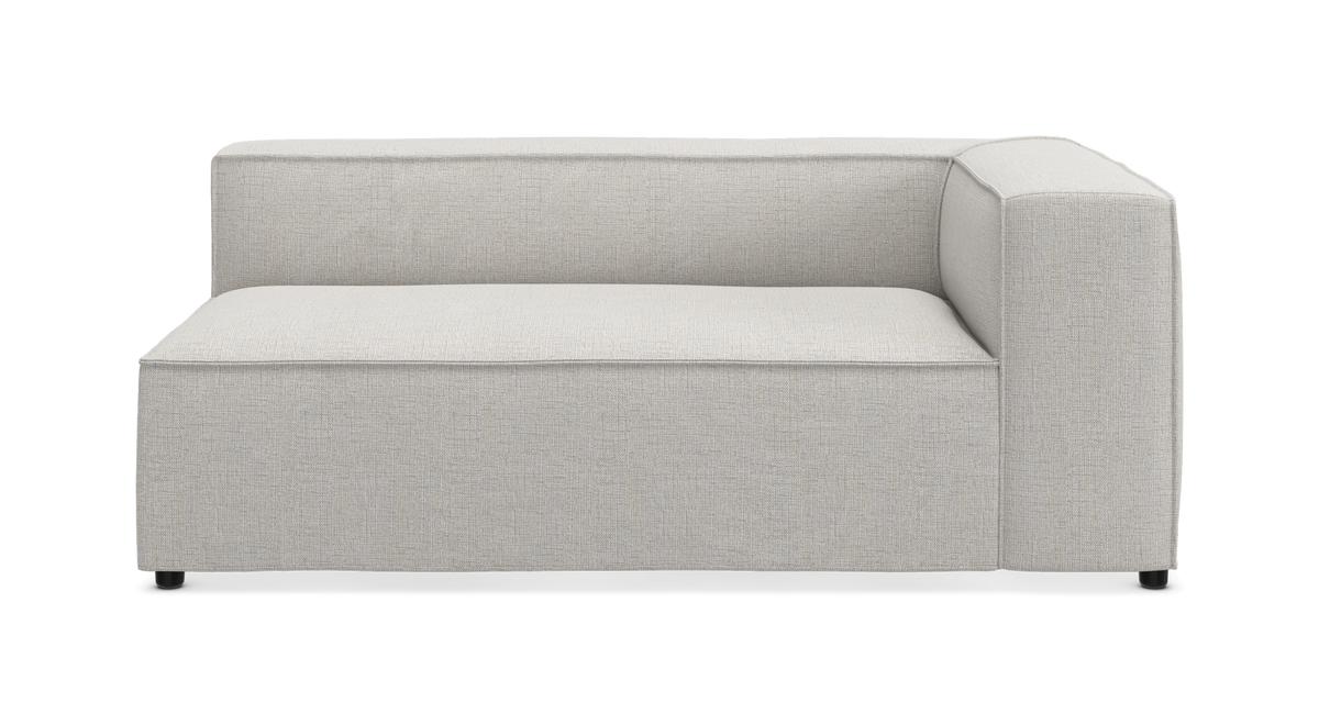 Lysebeige modulsofa, hjørnemodul, set forfra på hvid baggrund.