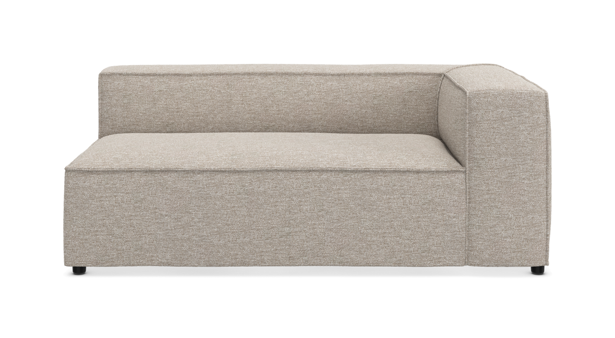 Beige højrearms modulsofa/chaise i tekstil, frontvisning på hvid baggrund.