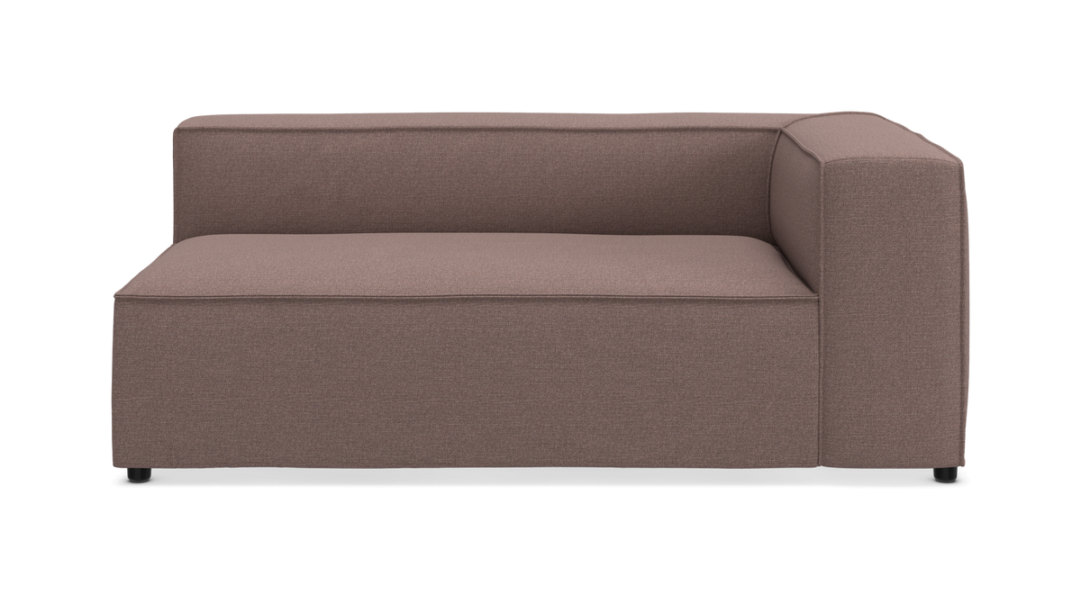 Brun modulsofa med højre armlæn, set forfra på hvid baggrund.