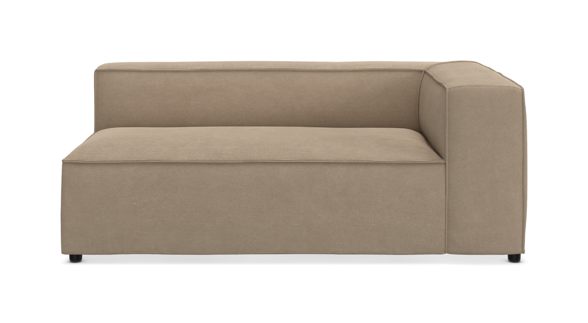 Beige modulsofa, højre hjørnemodul med armlæn, frontvisning.