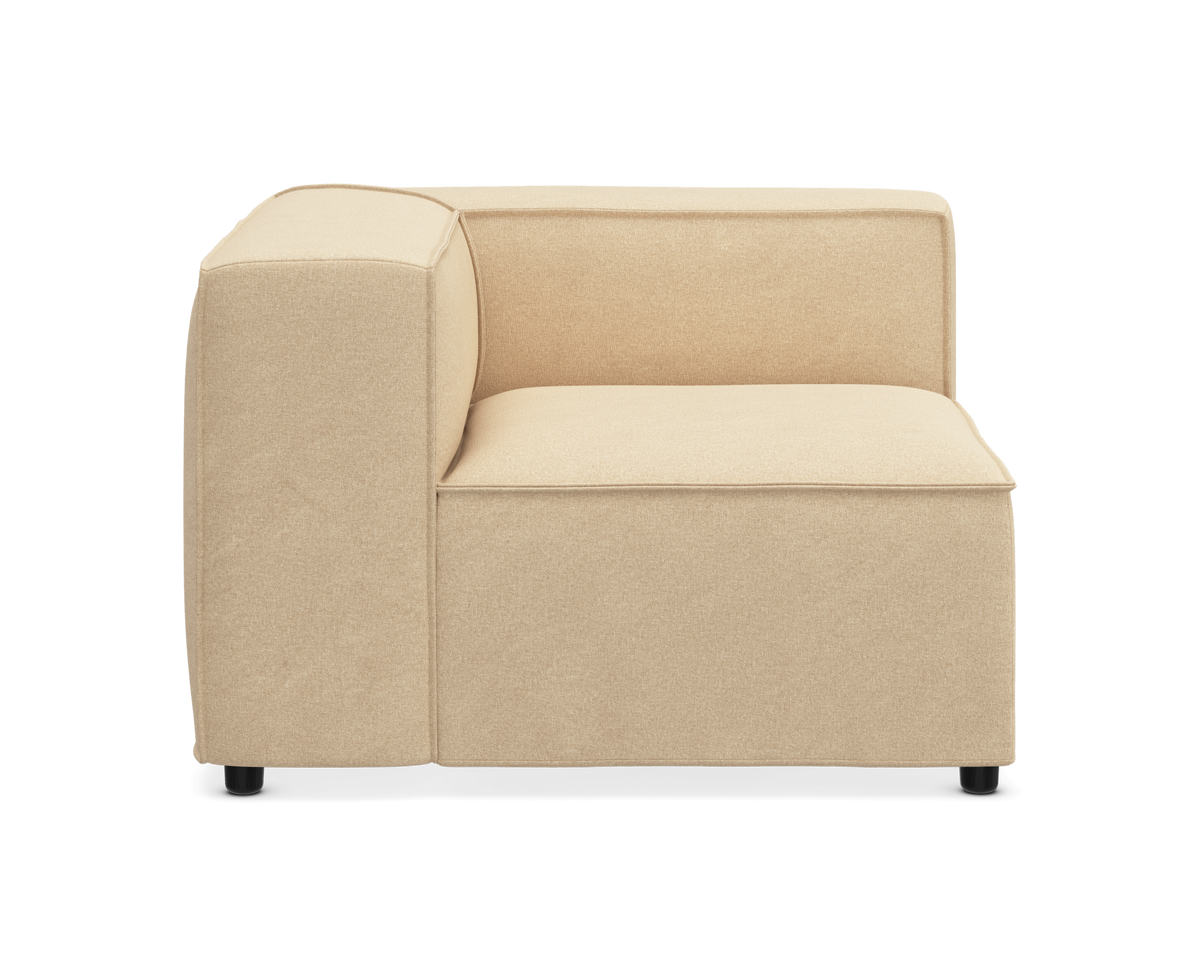 Beige hjørnemodul til sofa med venstre armlæn, frontvisning på hvid baggrund.