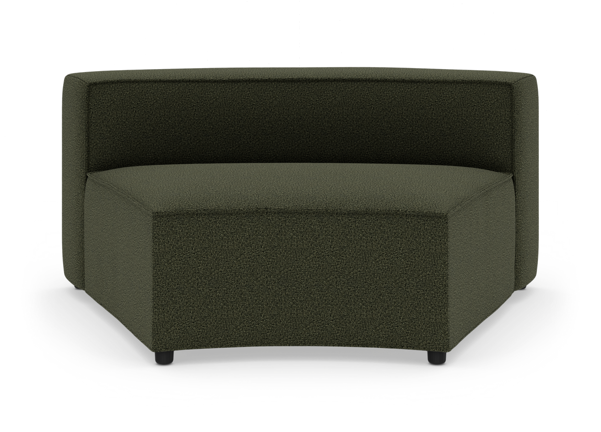 Mørkegrøn modulær hjørnesektion af sofa i stof, produktfoto forfra.