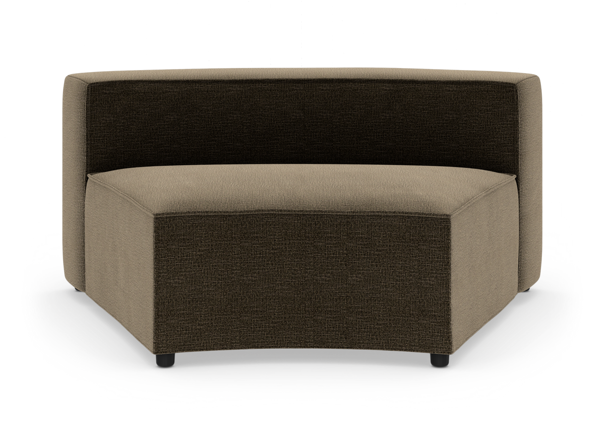 Modulært hjørnemodul til sofa i tofarvet stof – mørkebrun front/ryg og beige sæde og sider – fritstående på hvid studiobaggrund.