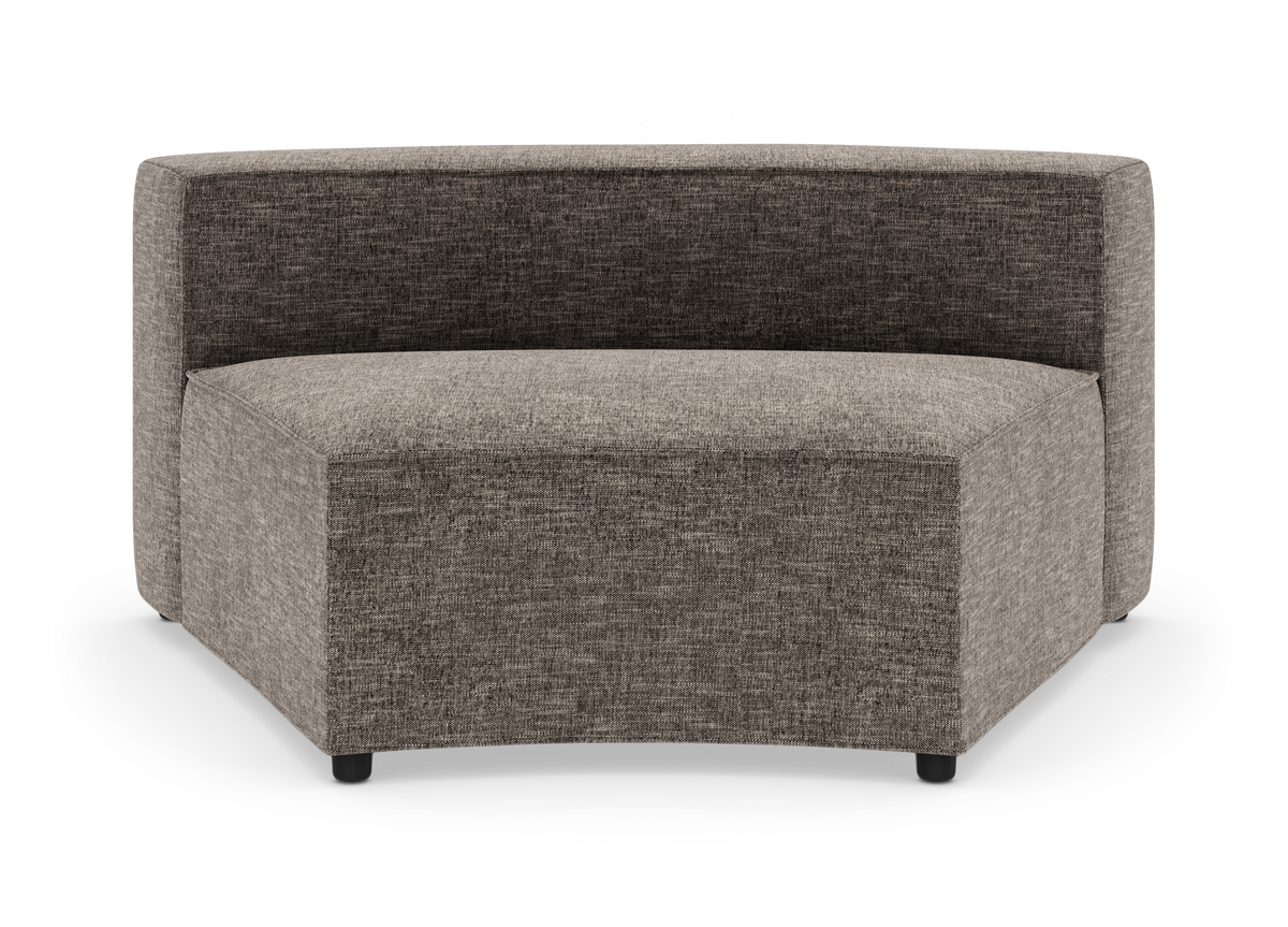 Modulsofa hjørnemodul i gråmeleret stof med lav ryglæn og buet sæde, produktbillede på hvid baggrund.