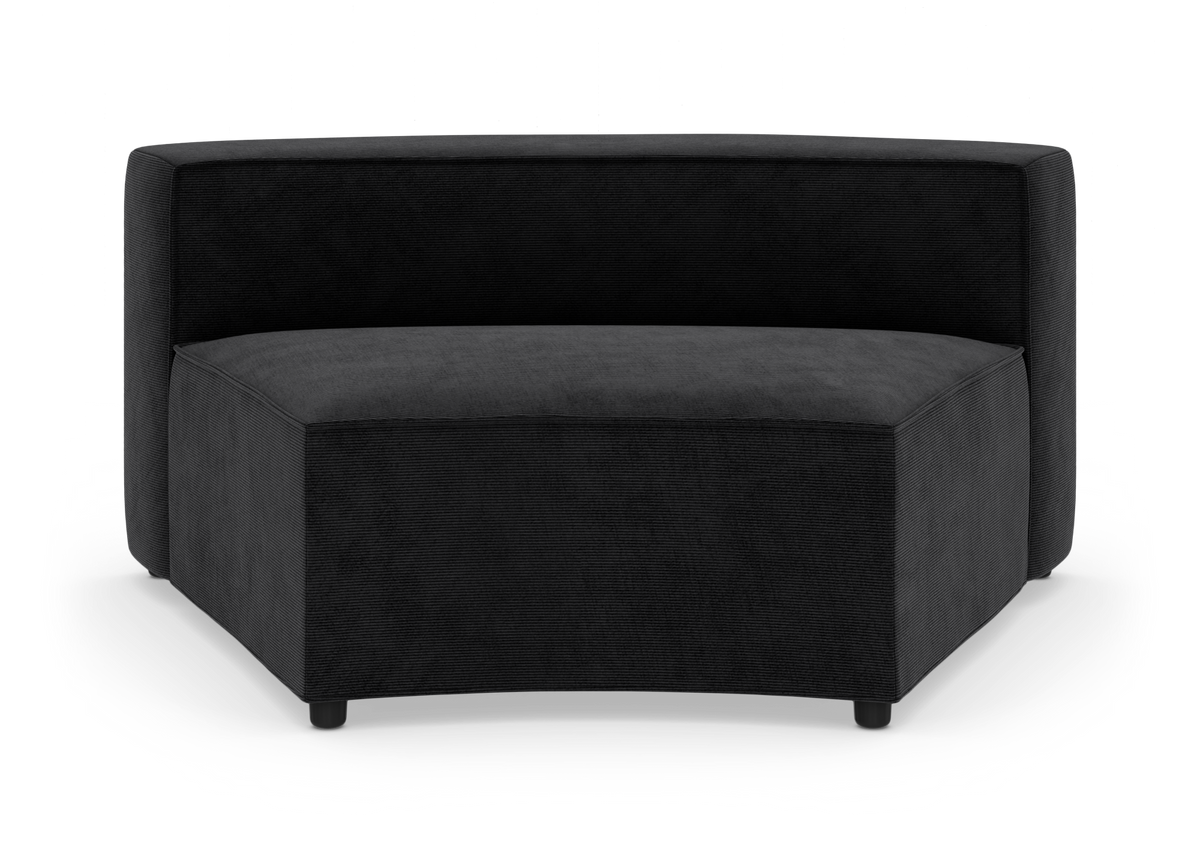 Sort modulsofa, hjørnemodul på hvid baggrund set forfra.