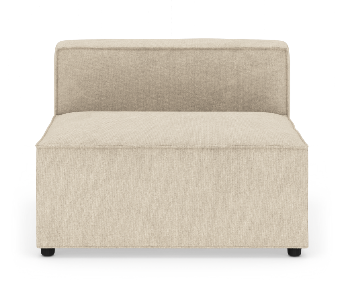 Beige modulsofa med lavt ryglæn, set forfra mod hvid baggrund.