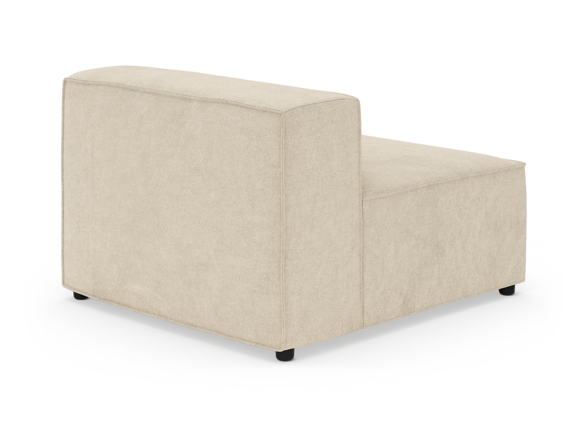 Beige modulsofa med venstre ryglæn, set bagfra i trekvartsvinkel på hvid baggrund.