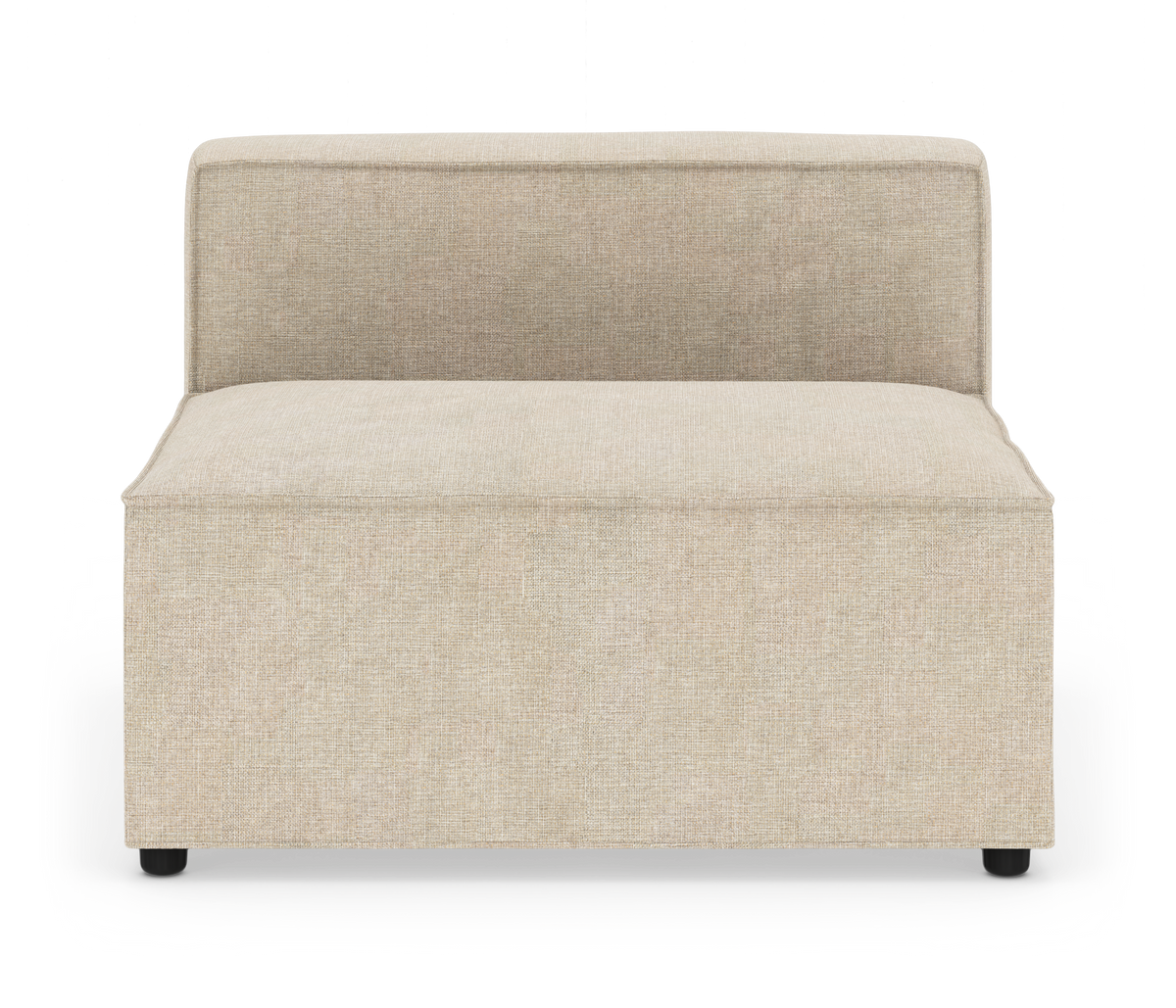 Beige modulsofa uden armlæn med lav ryg, fotograferet lige forfra mod hvid baggrund.