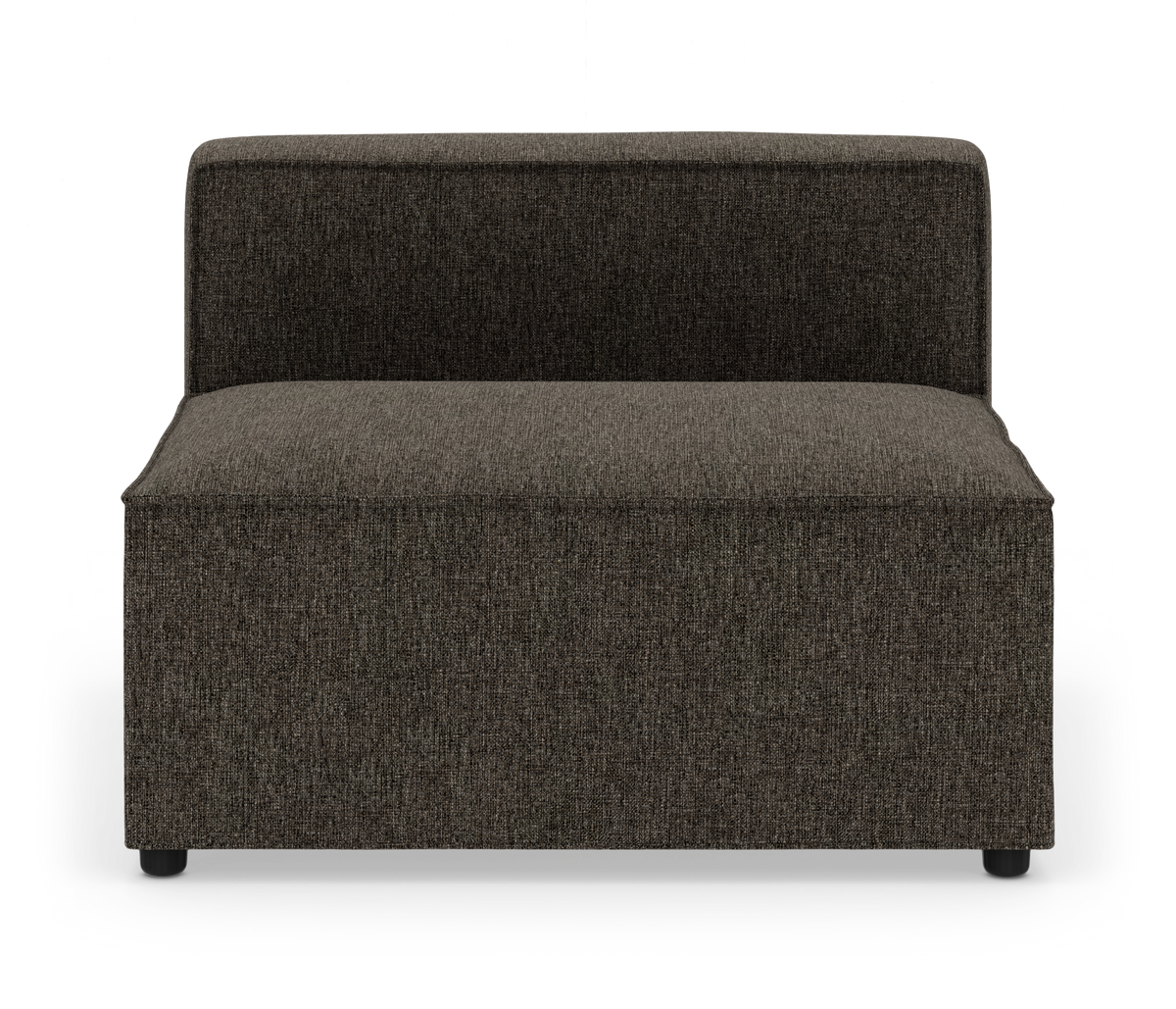 Mørk brun/grå modulsofa uden armlæn med lav ryg, frontvisning, isoleret på hvid baggrund.