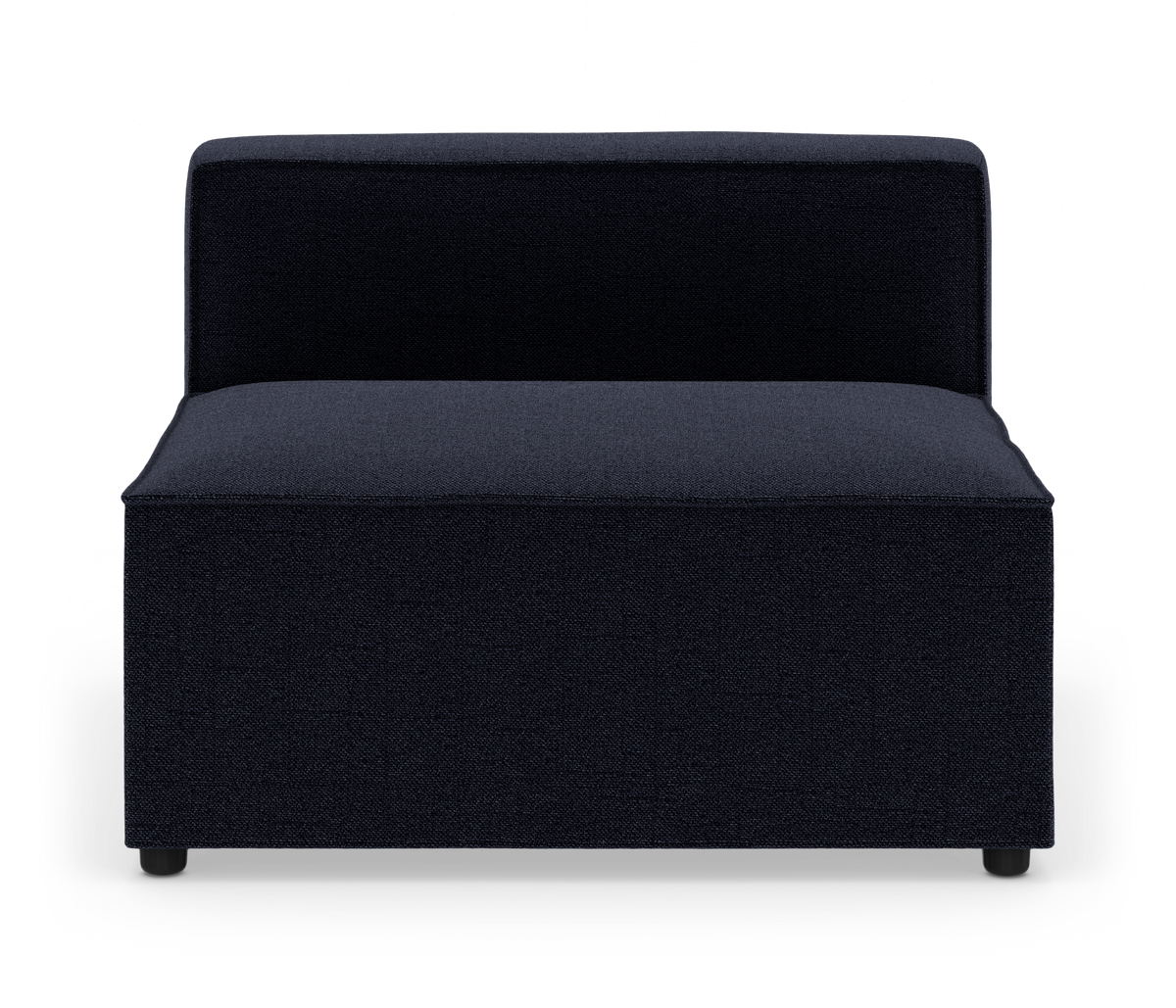 Modulsofa med ryglæn i mørkeblå tekstil, set forfra på hvid baggrund.