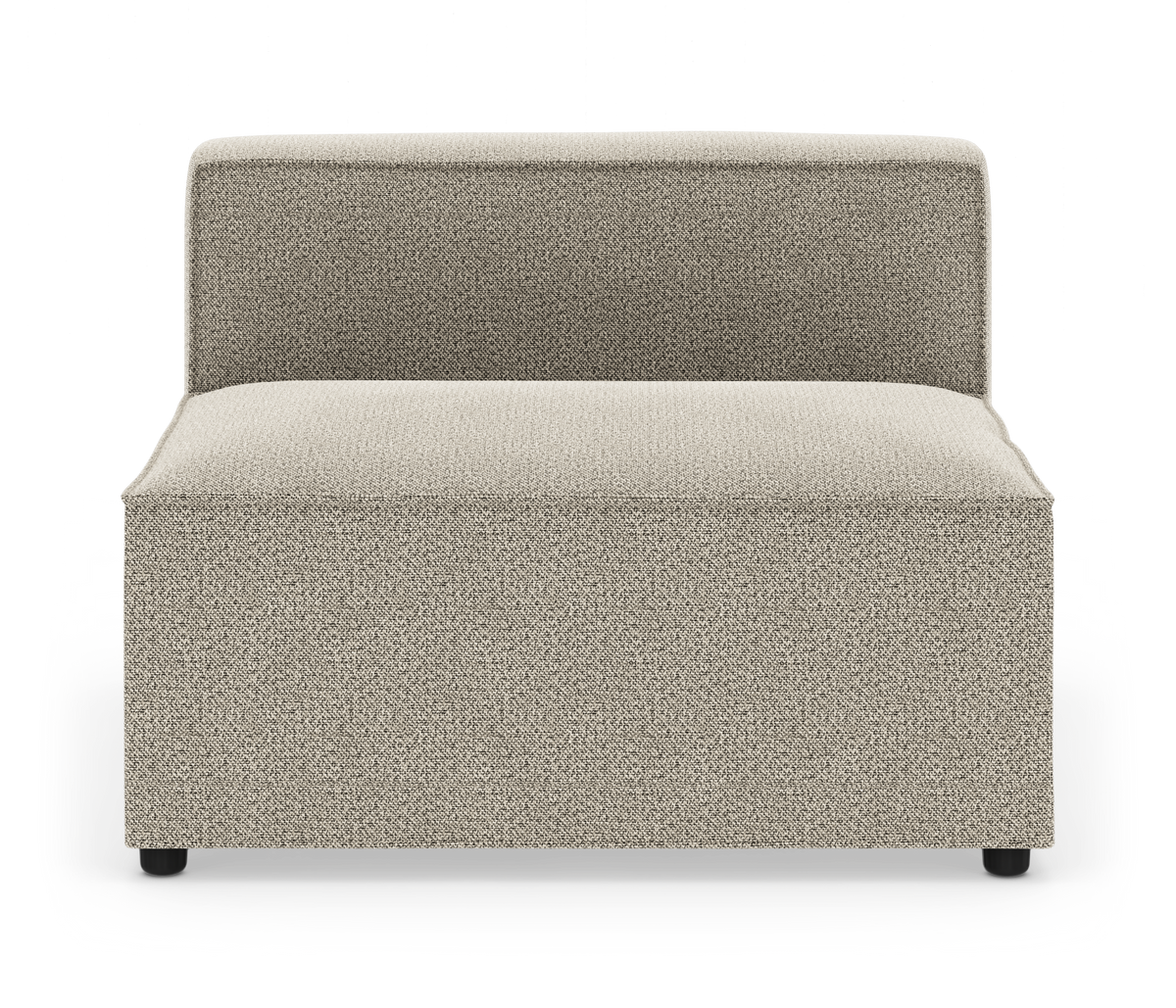 Modulær armløs sofamodul i beige tekstil med lav ryg, frilagt frontvisning.
