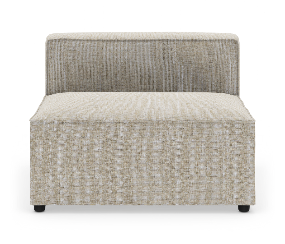 Modulær armløs sofamodul med lav ryg i beige stof, isoleret på hvid baggrund.
