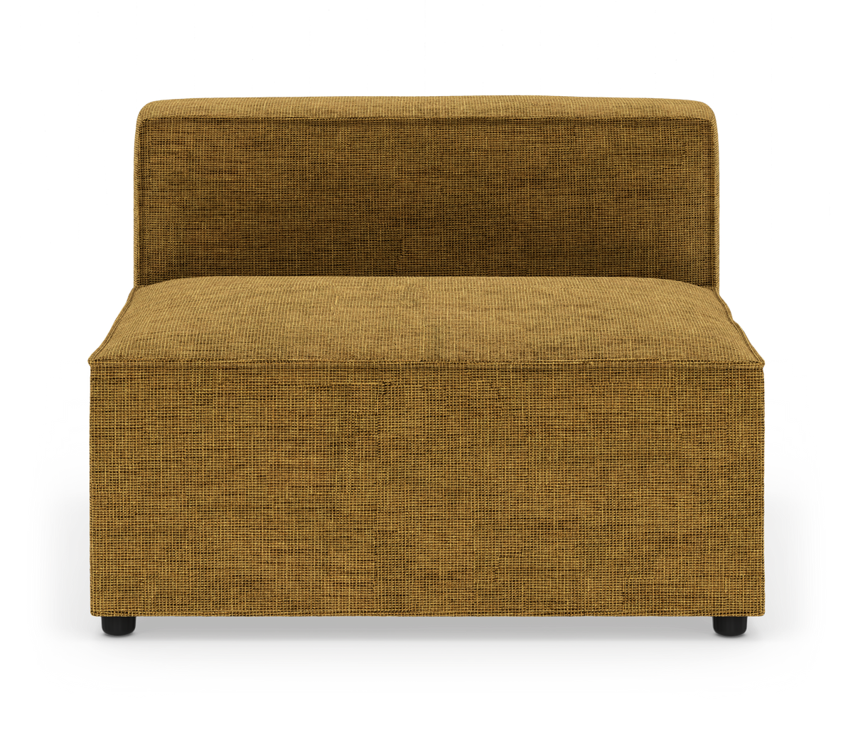Modulsofa uden armlæn i sennepsgul tekstil set lige forfra, frilagt på hvid baggrund.