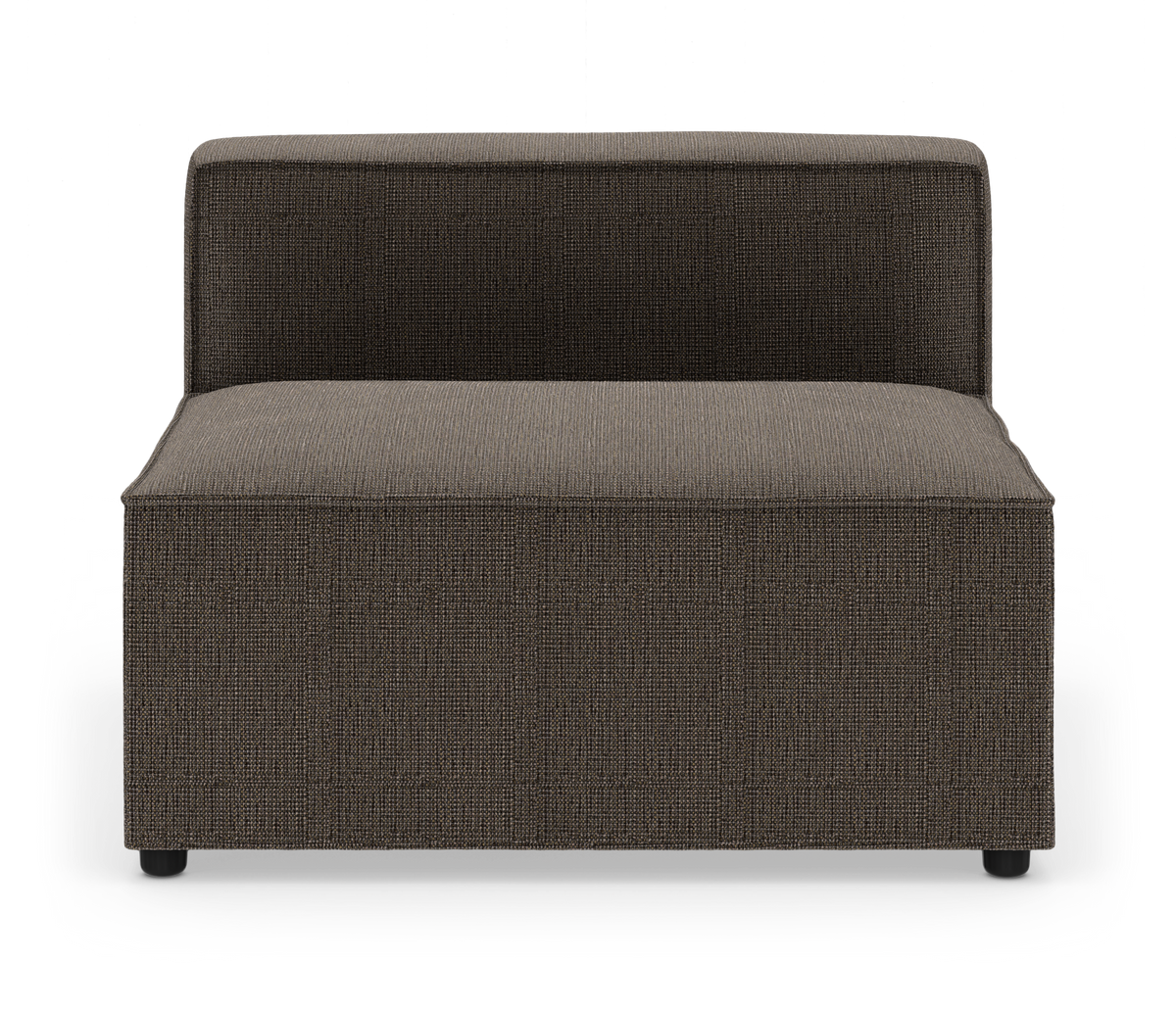 Modulsofa uden armlæn i brun tekstil, frontvisning i studie.