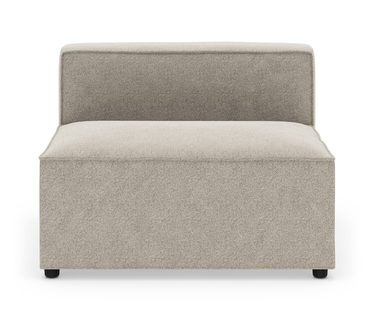 Beige modulsofa uden armlæn i stof, set direkte forfra mod hvid baggrund.