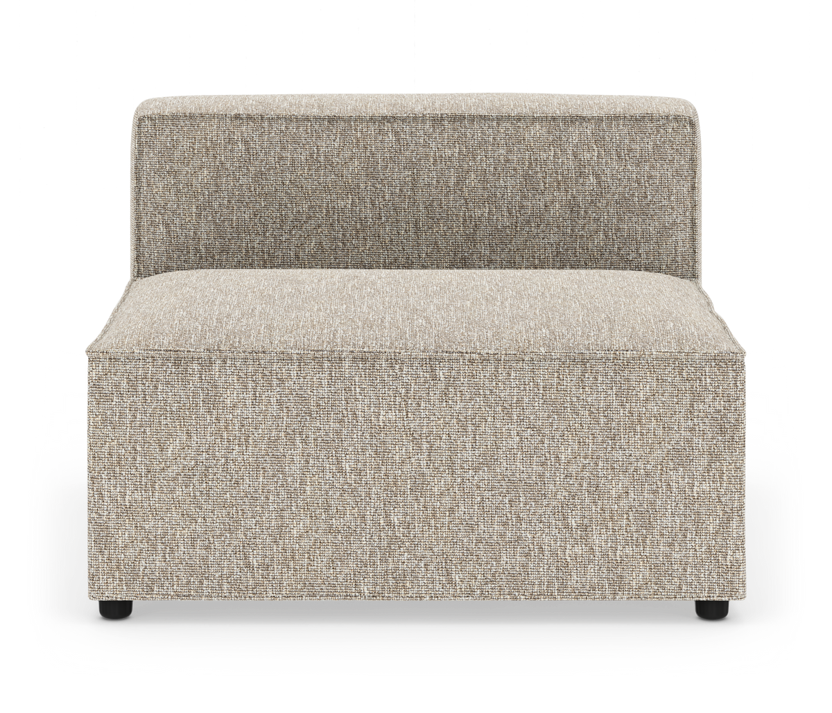 Modulær armløs sofamodul i beige meleret tekstil, frontvisning på hvid baggrund.