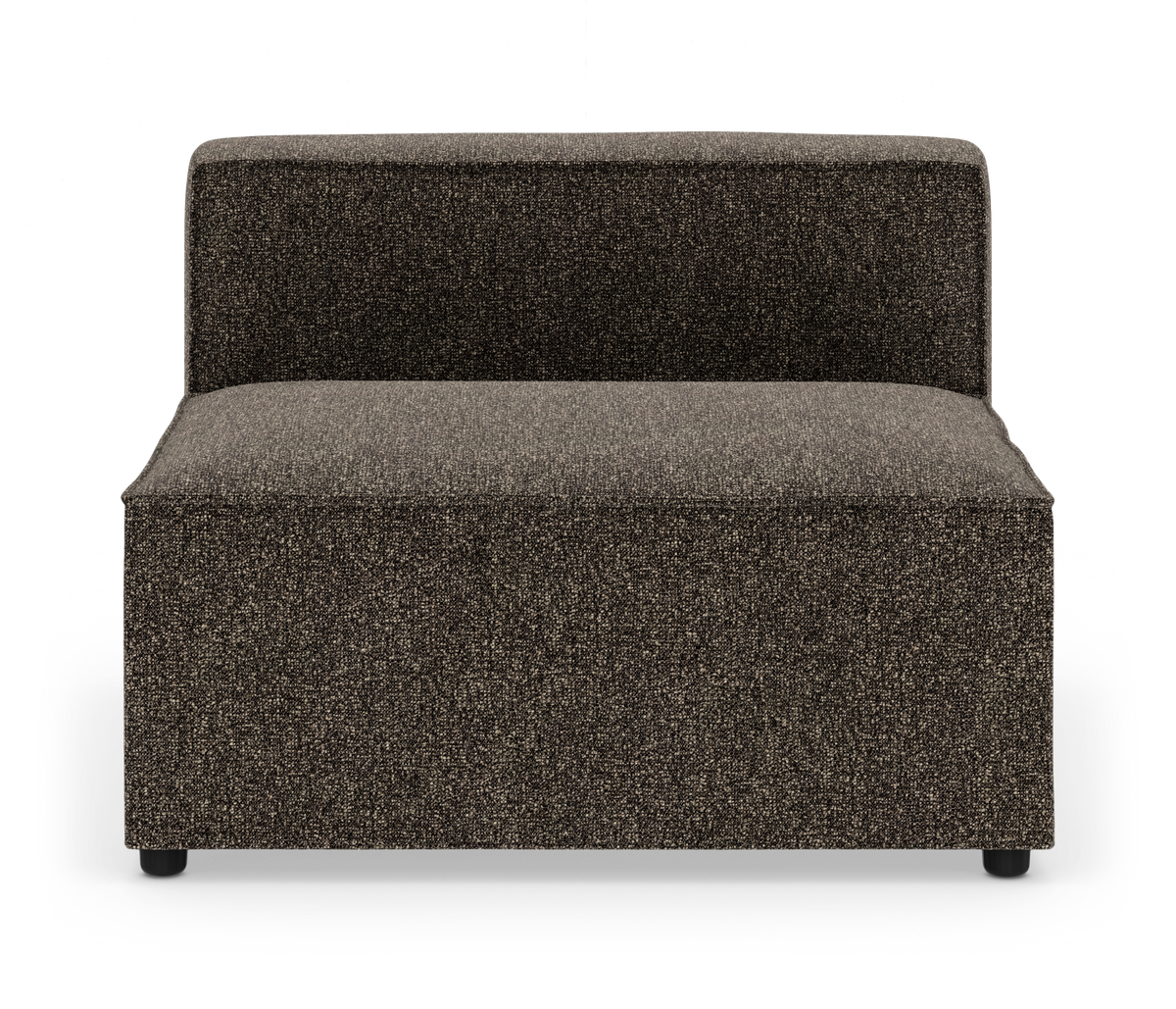 Modulsofa uden armlæn i mørkebrun tekstil, frontvisning mod hvid baggrund.