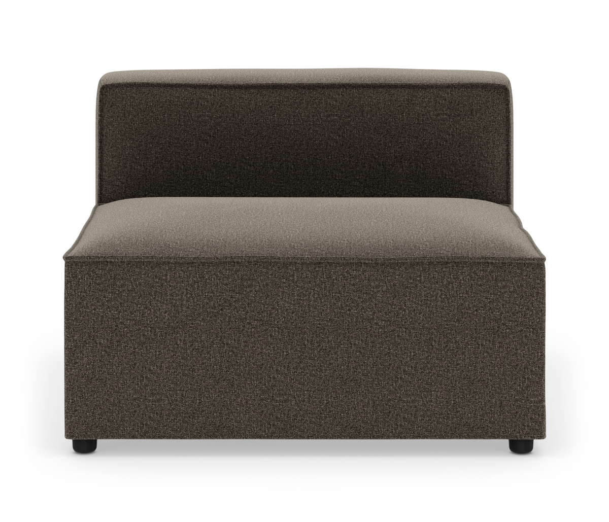 Modulsofa, armløs midtersektion i brun tekstil, set forfra på hvid baggrund.