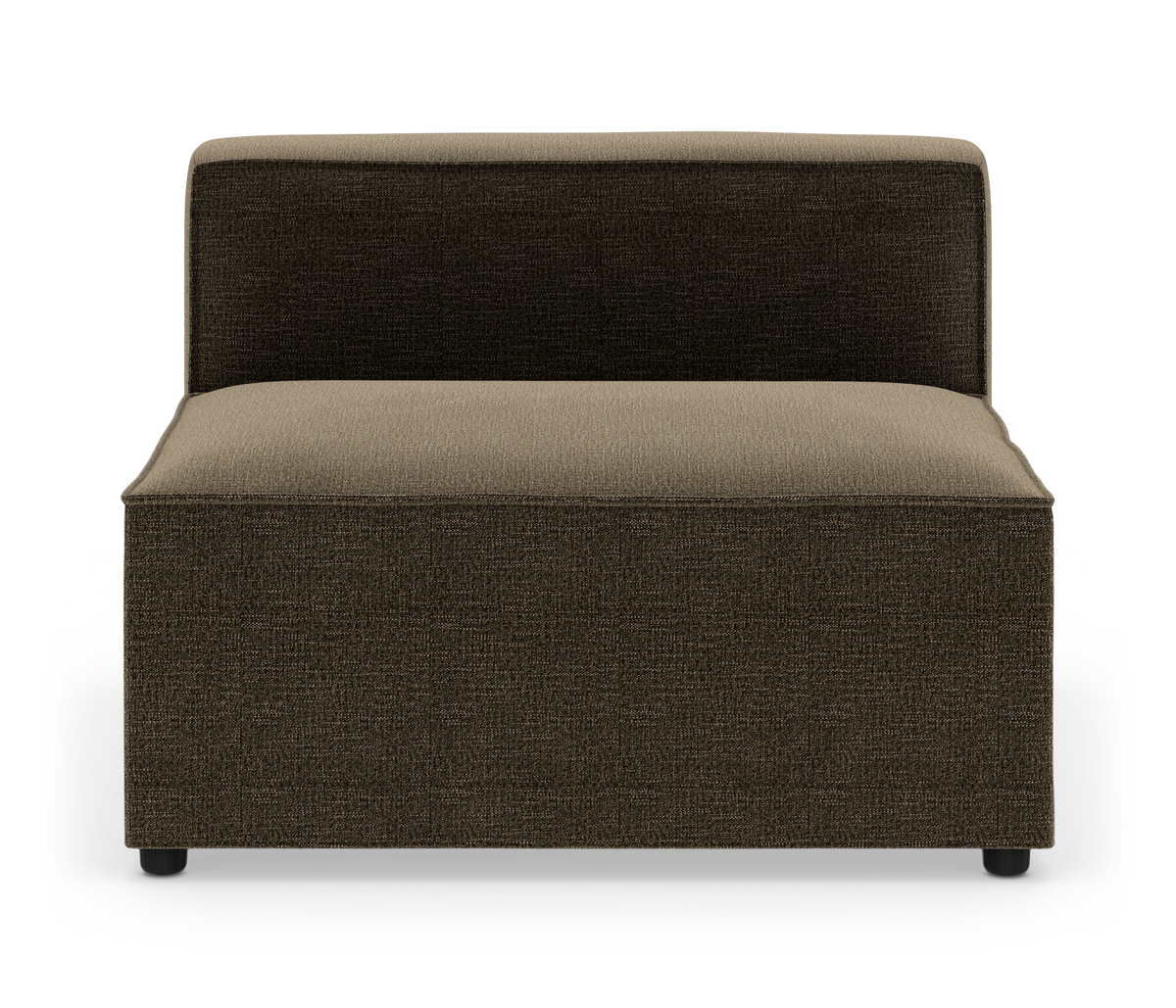 Modulær armløs sofamodul i brun–beige tekstil set forfra på hvid baggrund.