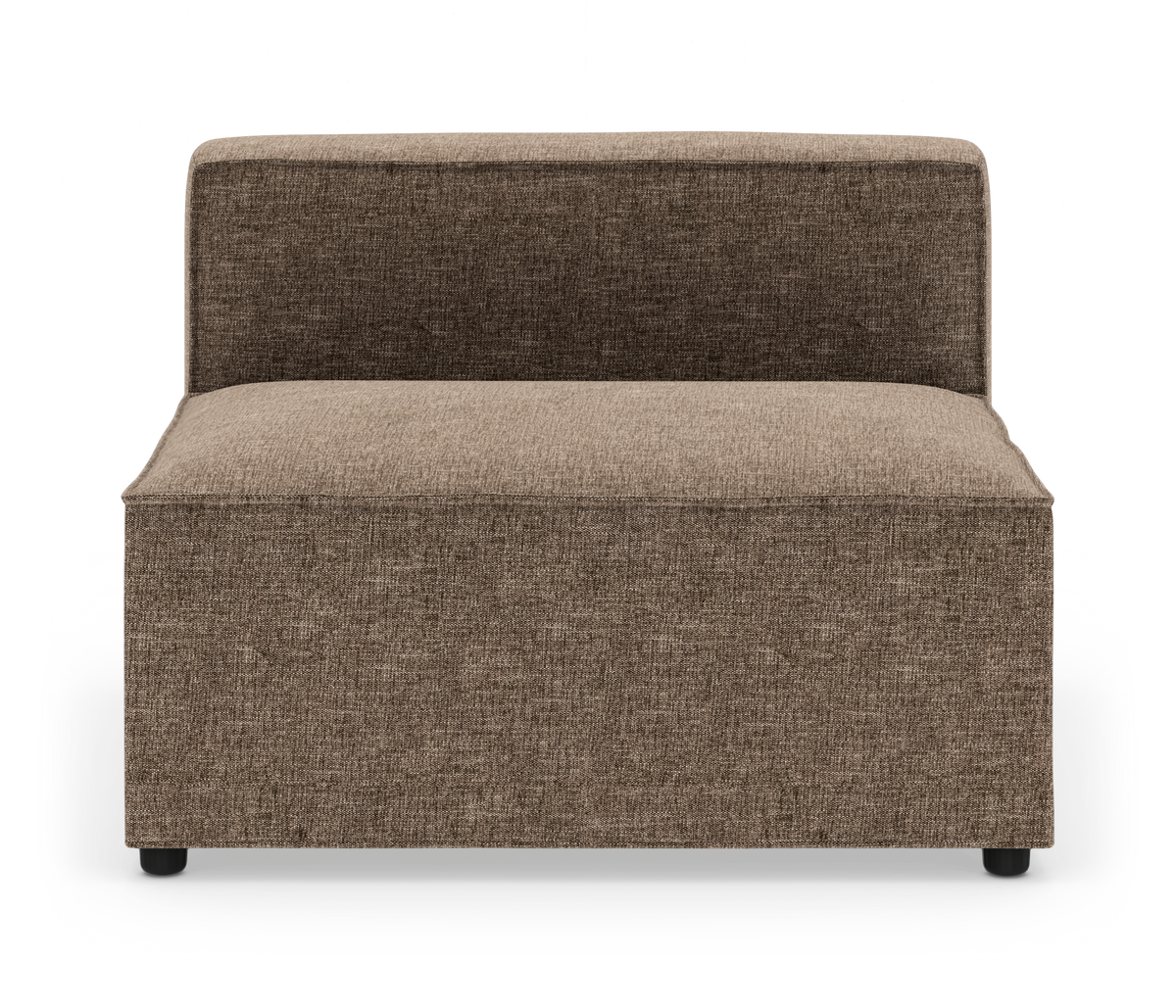 Modulsofa uden armlæn i brun‑beige stof, frontvisning på hvid baggrund.