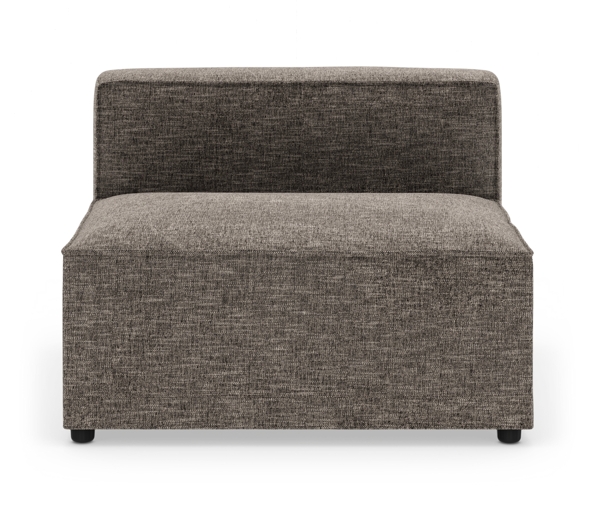 Modulær armløs sofamodul i gråt tekstil, frontview på hvid studiobaggrund.