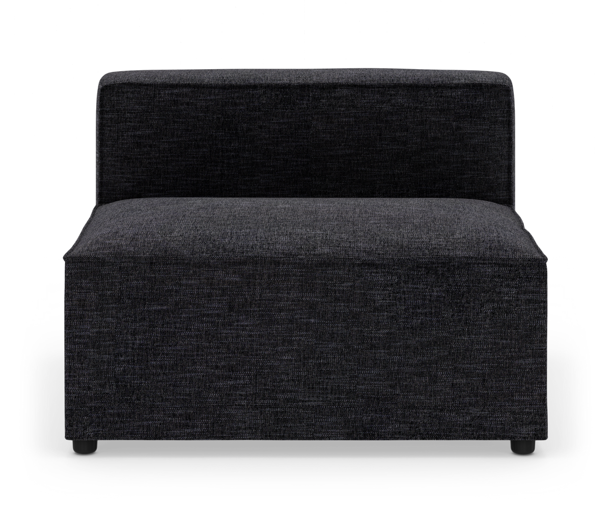 Fritstående modulsofa uden armlæn i mørkegråt stof, fotograferet forfra på neutral baggrund.
