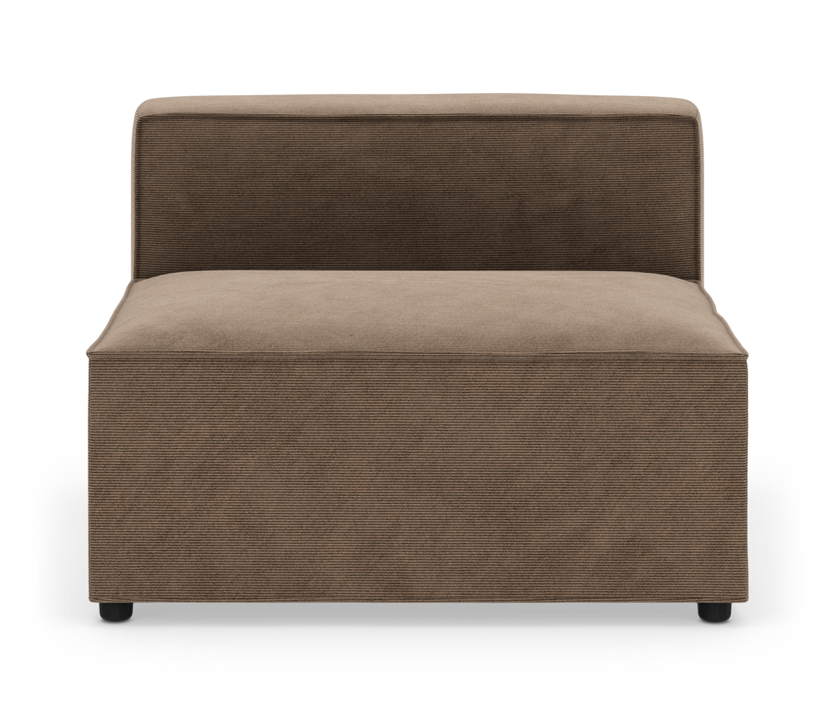 Brun modulsofa uden armlæn med lav ryg og bred sæde i fløjl/corduroy, fritlagt på hvid baggrund.