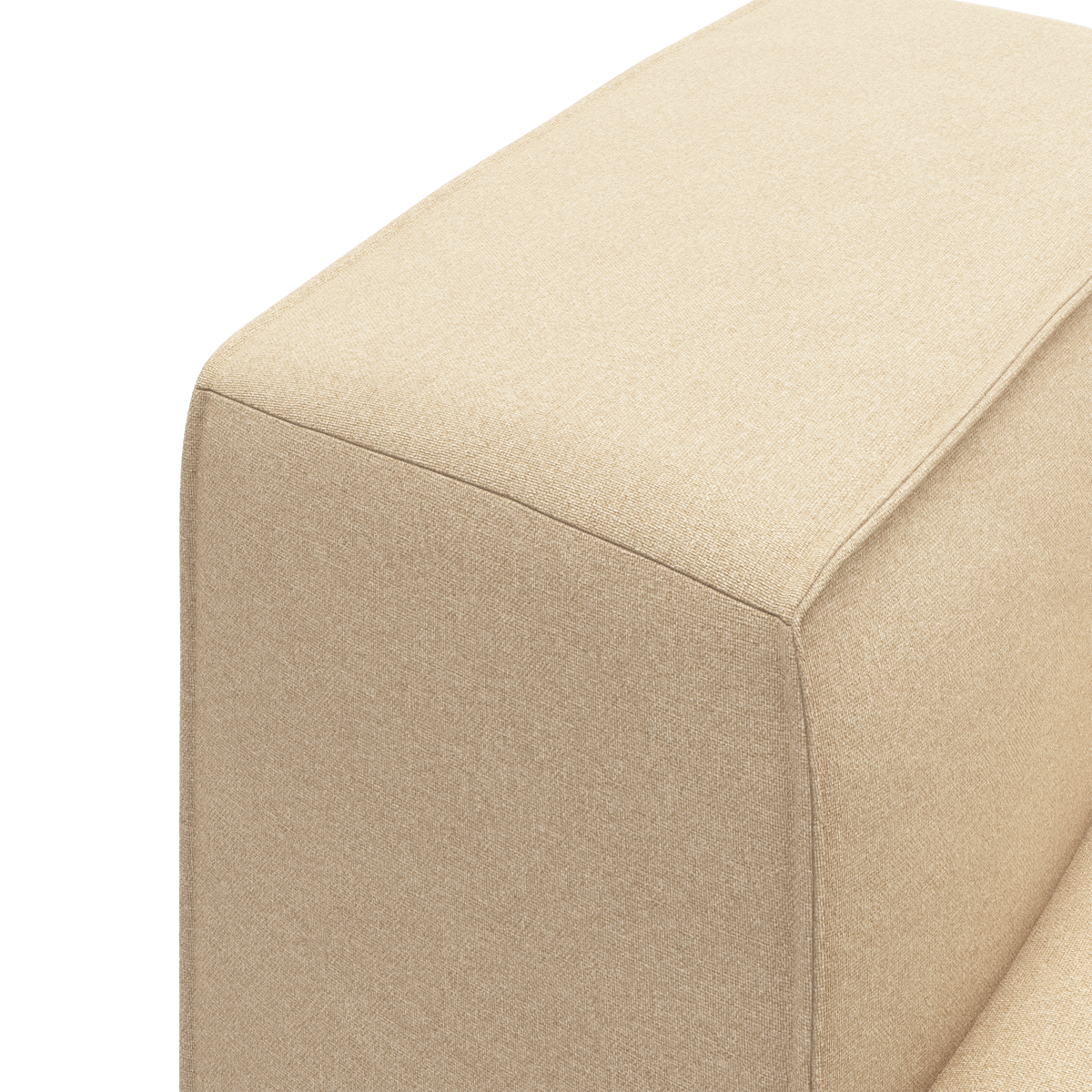 Nærbillede af beige stofpolstret modulsofa/puf med bløde, rene kanter.