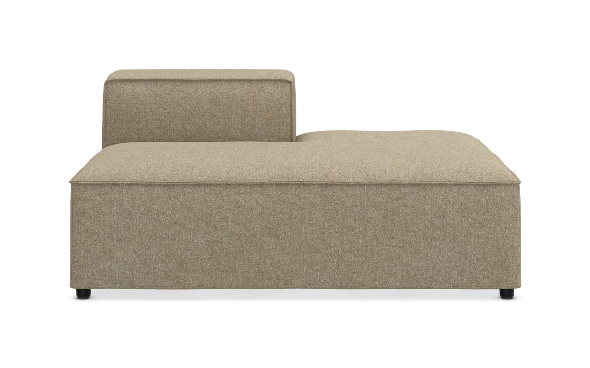Beige modulchaise med ryglæn til venstre, polstret i tekstil, frontvisning på hvid baggrund.
