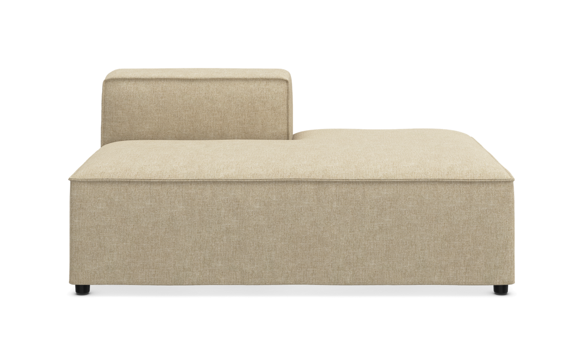 Beige modulær chaiselong/sofamodul med lav ryg, set forfra.