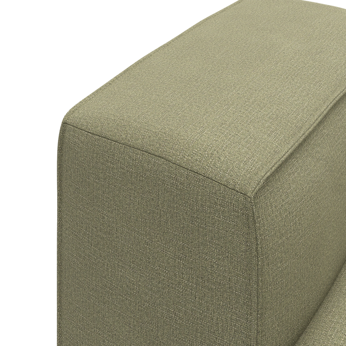 Nærbillede af olivengrøn stofbetrukket sofa-armlæn i rektangulær form med synlige sømme.