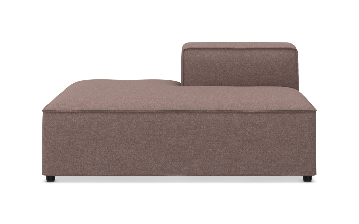 Modulær chaiselong/sofamodul med lav ryg i taupe stof, frilagt frontvisning.
