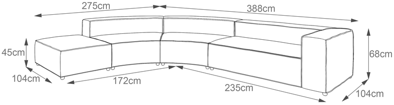Illustration af buet modulsofa med mål: total længde 388 cm, venstre sektion 275 cm, dybde 104 cm, sædehøjde 45 cm, ryg-/armlænshøjde 68 cm, midterlængder 172 cm og 235 cm.