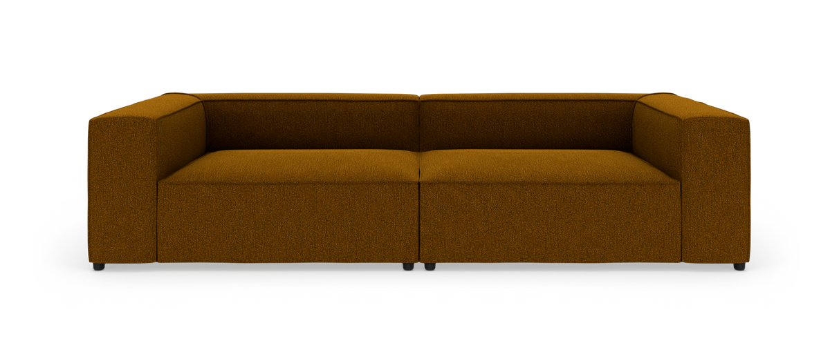 Sennepsgul modulsofa med kraftige armlæn, frontvisning på hvid baggrund.