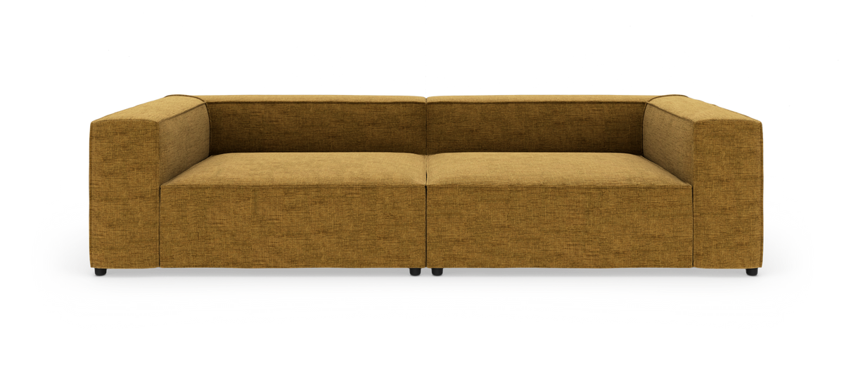 Modulær sofa i sennepsgul tekstil, frontvisning.