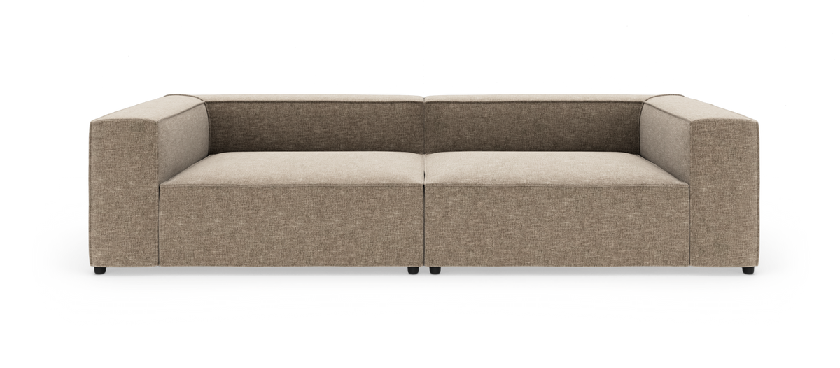Beige modulsofa med rene linjer, frontvisning på hvid baggrund.