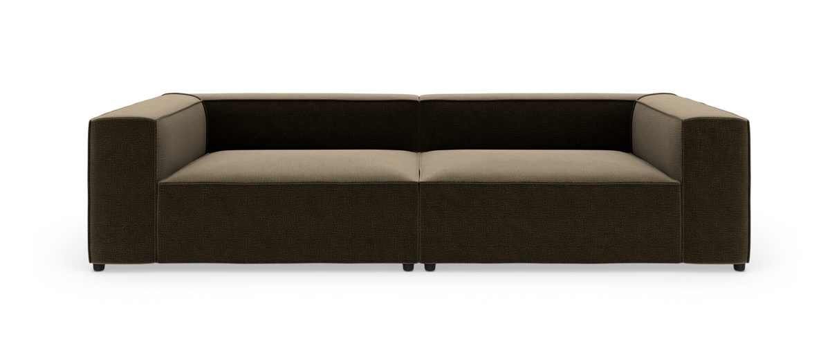 Modulsofa i mørkebrun og beige polstring, set forfra på hvid baggrund.
