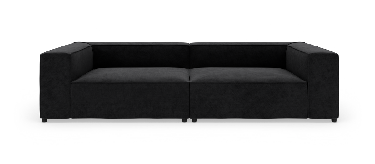 Moderne sort 2-personers sofa med brede armlæn, frontvisning, fritlagt på hvid baggrund.
