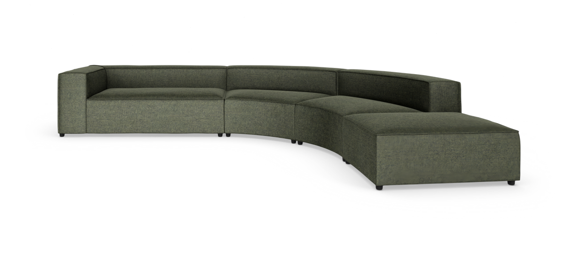 Modulær, buet grøn hjørnesofa i moderne design på hvid baggrund.