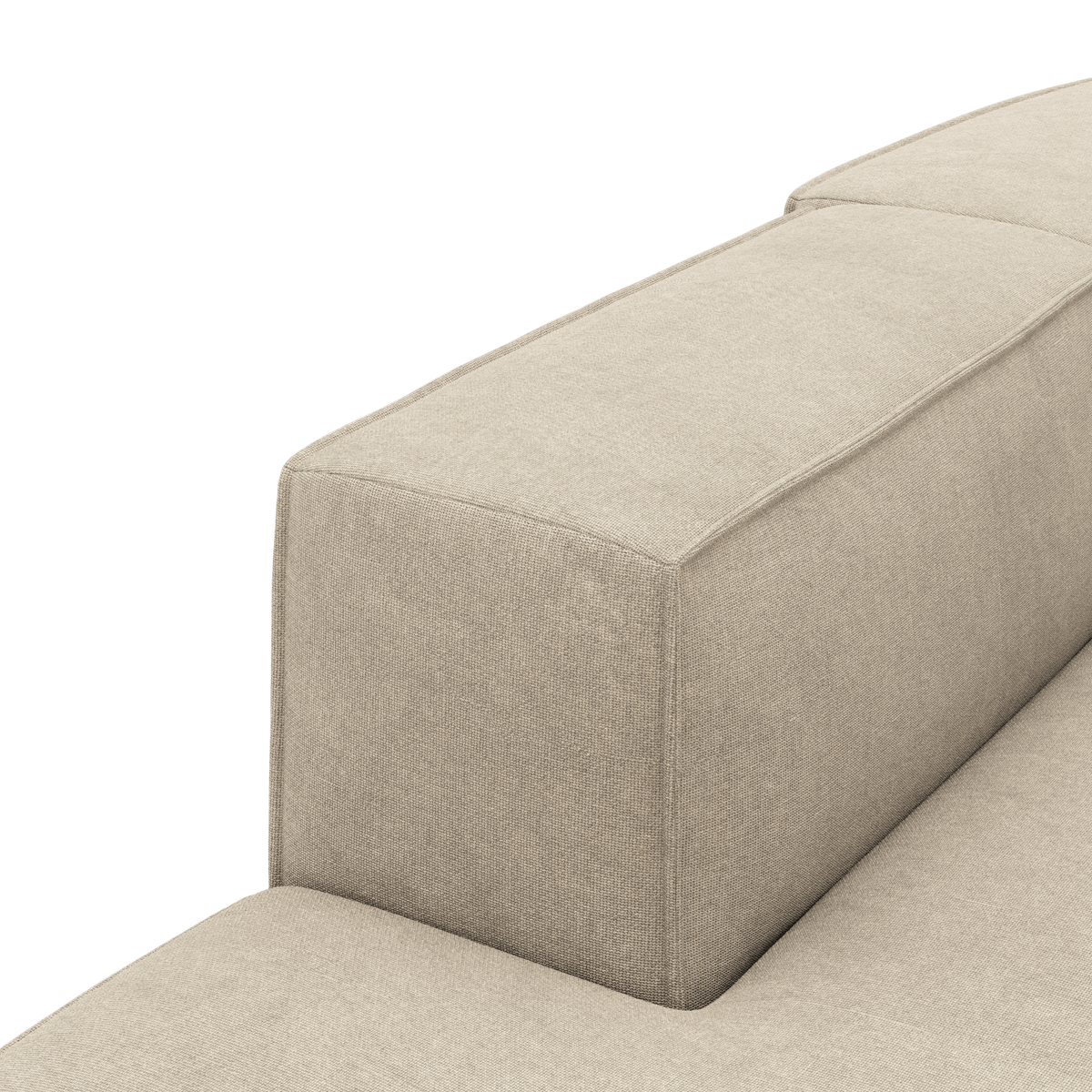 Beige sofaryglæn i tekstil, nærbillede af rektangulær modul.