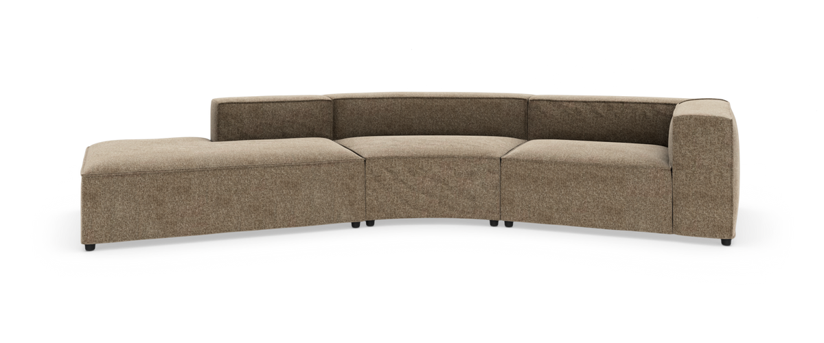 Modulsofa i buet design i beige/brun tekstil med højre armlæn og venstre chaiselong.