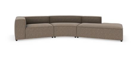 Modulsofa i brun‑beige stof med buet sektion og hjørne‑chaiselong, frilagt på hvid baggrund.